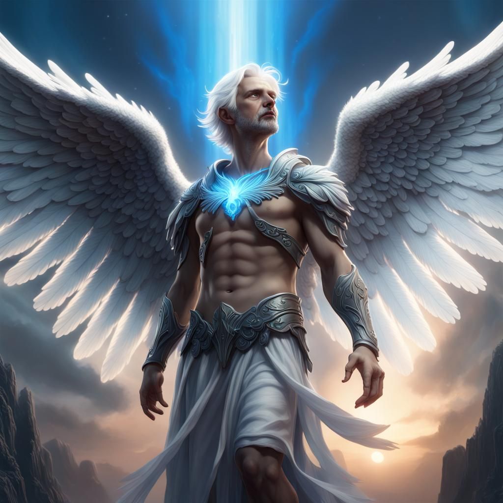 Male Angel With Grey Wings and white hair Looking Up To Heav...