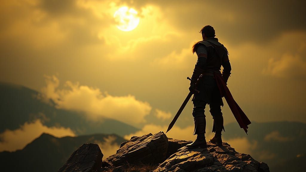 Medieval Warrior in Eerie Landscape, Cinematic Style