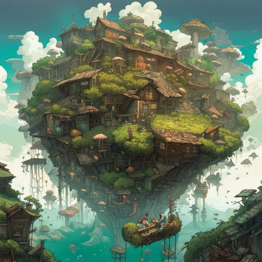 Lush Island City Floating in Clouds