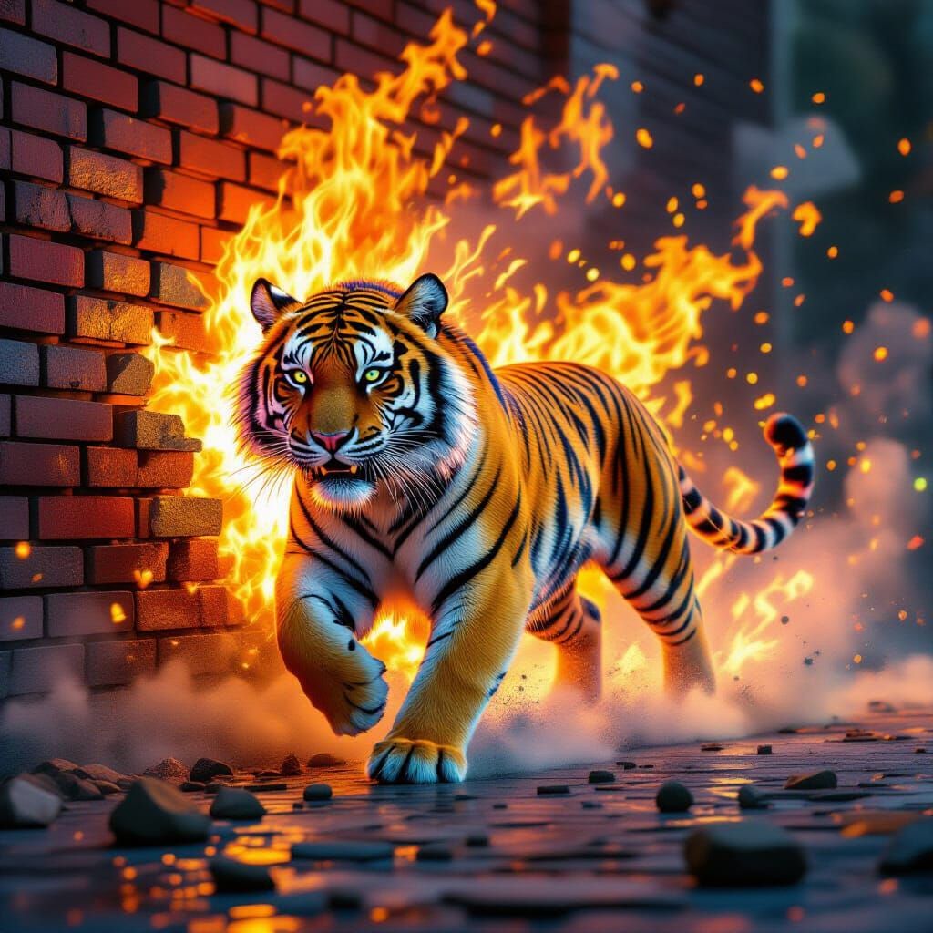 Rainbow Tiger Leaps Through Prismatic Fire