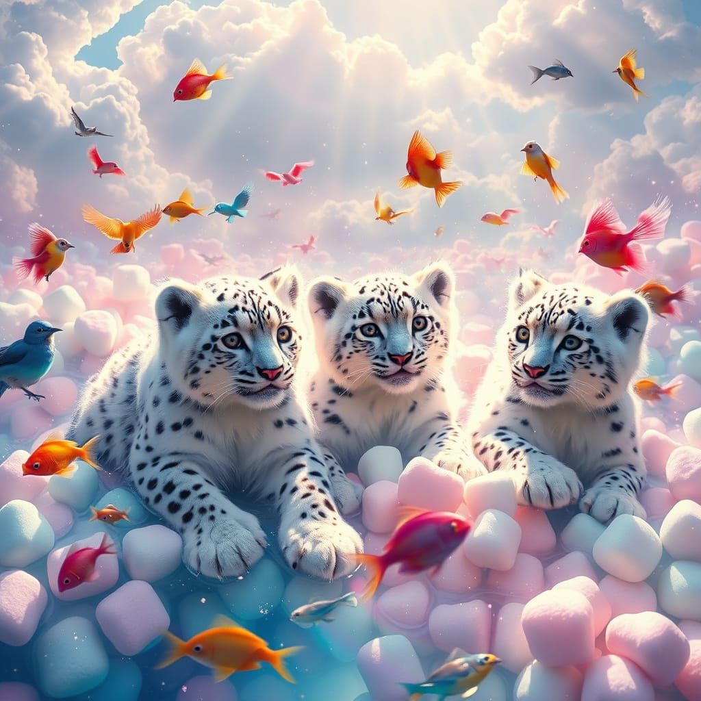 Whimsical Snow Leopard Wonderland in a Marshmallow Ocean