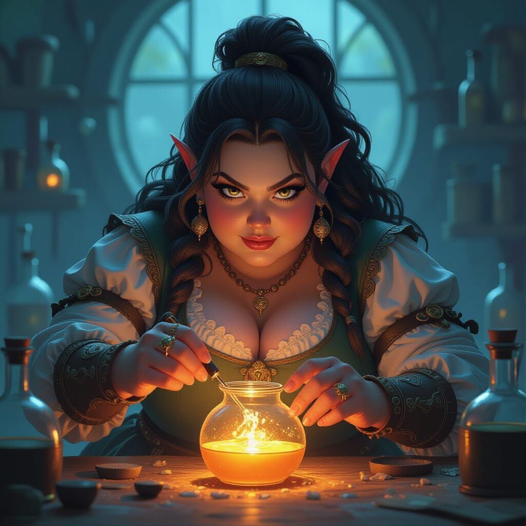 Muscular Dwarf Alchemist Creating Potions in Fantasy Art Sty...