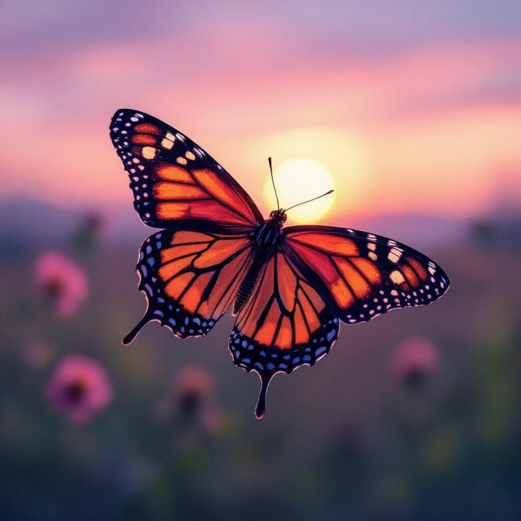 Butterfly Soaring at Sunset in Photorealistic Style