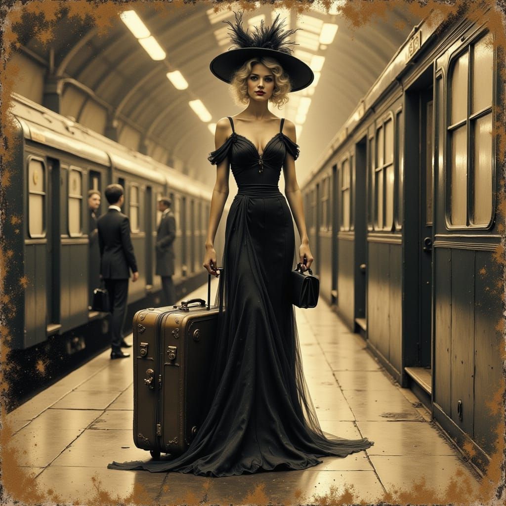 Woman Awaiting Train in Textured Collage Style