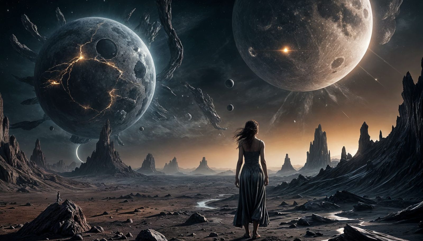 Woman Gazes at Shattered Moon on Alien Planet
