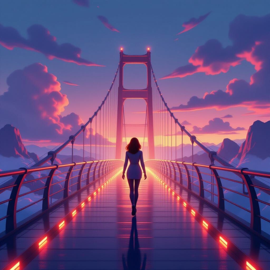 Determined Woman Crosses Glowing Bridge in Pixar Style