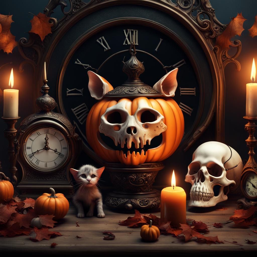 Halloween Fantasy Art with Cat, Mouse and Skull