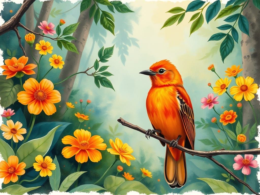 Vibrant Orange Bird in Lush Forest, Gouache Style