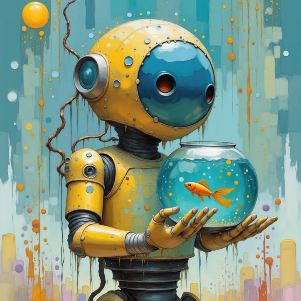 Cute Robot Holding a Fishbowl