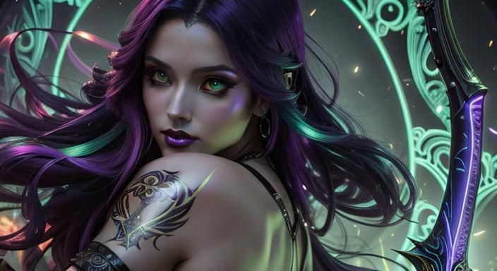 Gothic Fantasy Woman with Sword in Neon Light