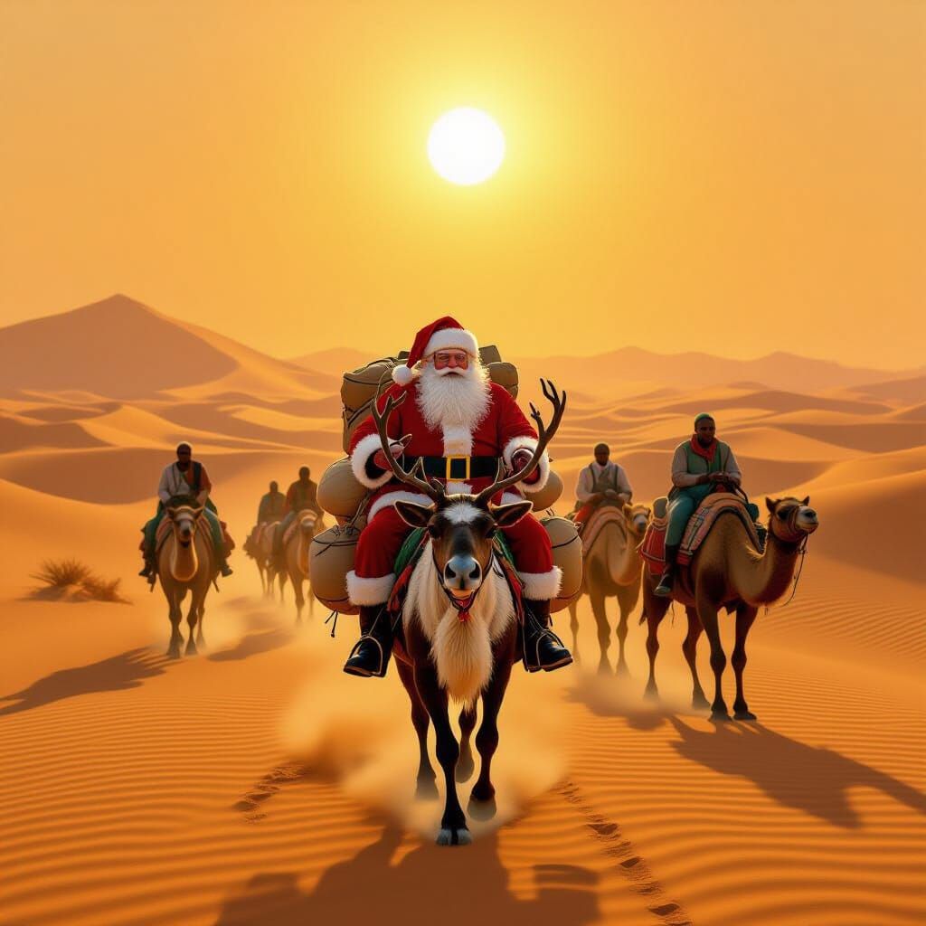 Santa Claus Rides Reindeer Across Sahara Desert