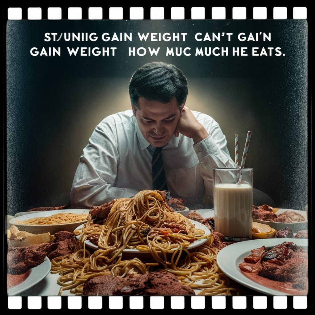 Cinematic Film Still: Man Overwhelmed by Endless Food