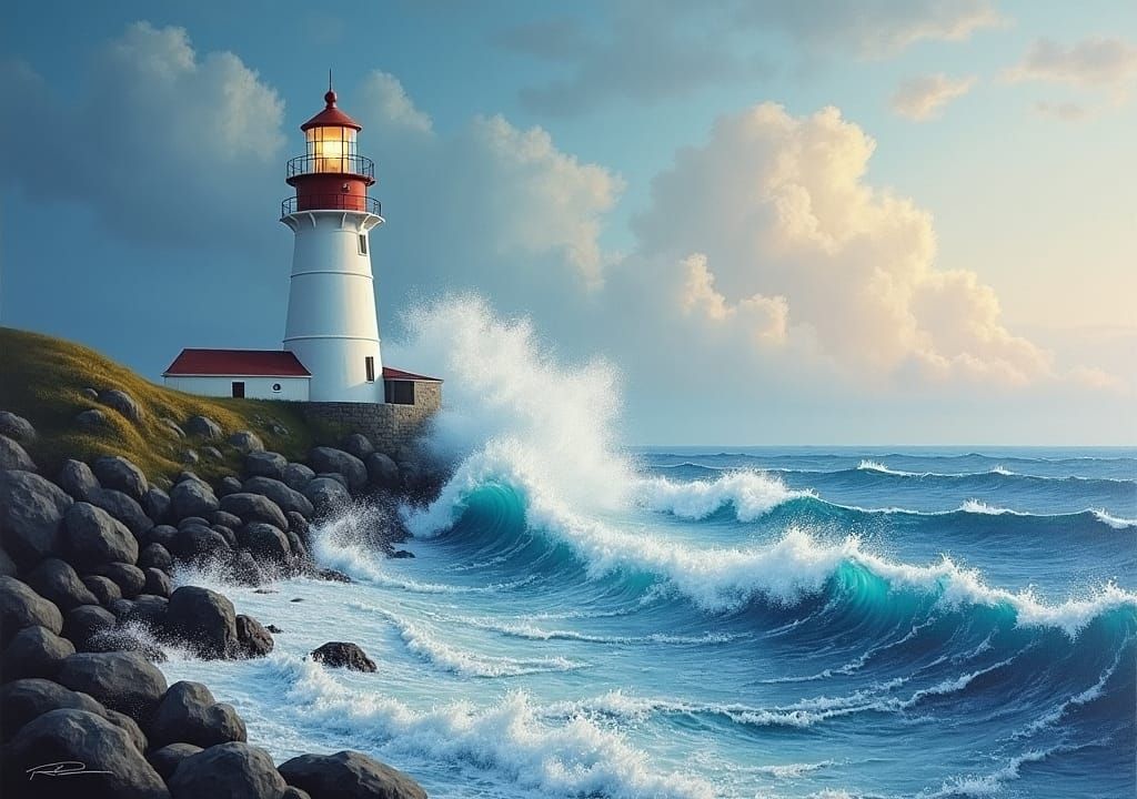 Lighthouse Painting Amidst Crashing Waves