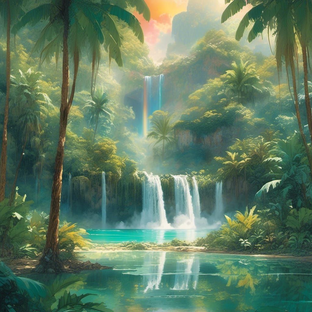 Watercolor Waterfall in Tropical Paradise