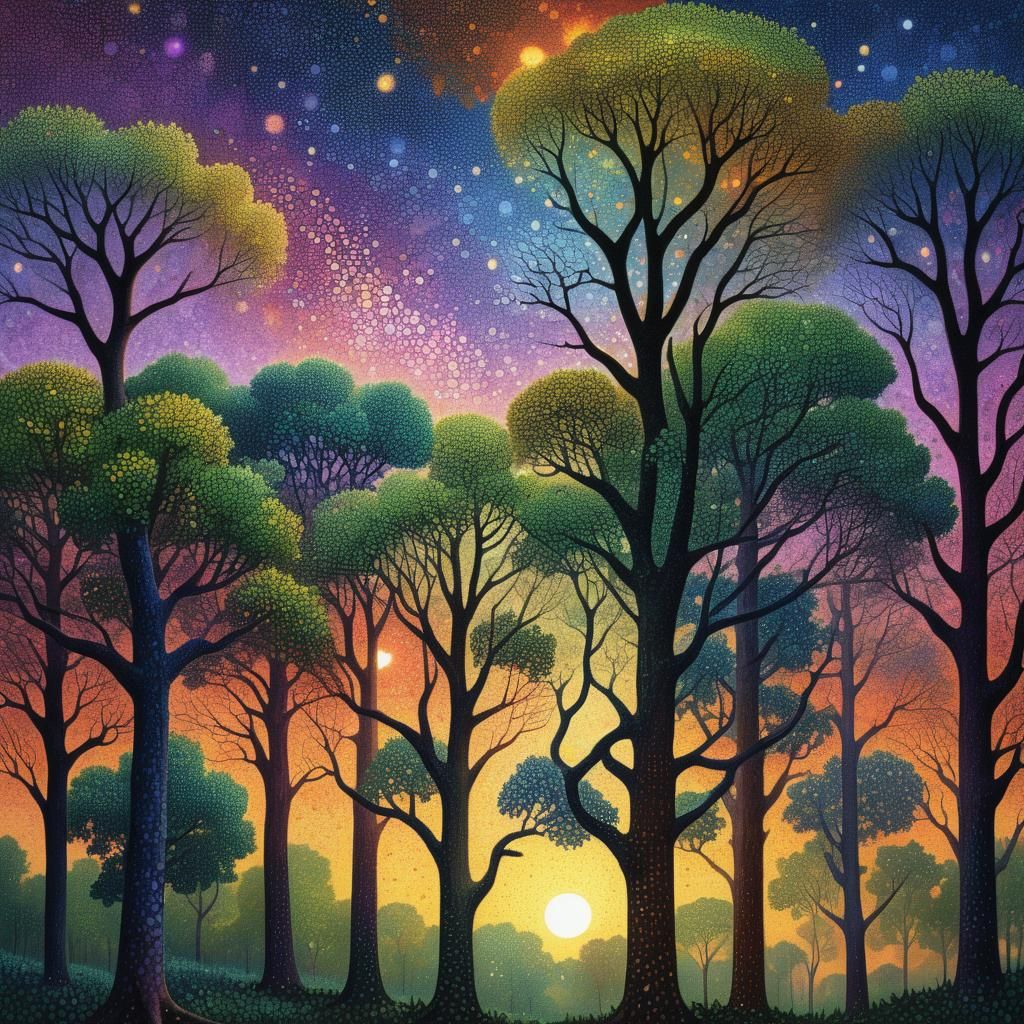 Pointillism celestial forest
