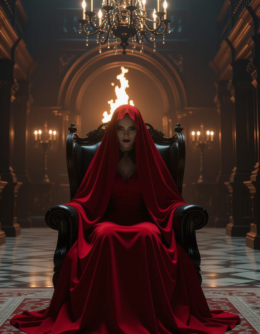 Creepy Woman in Red Shroud Seated in Gothic Chair