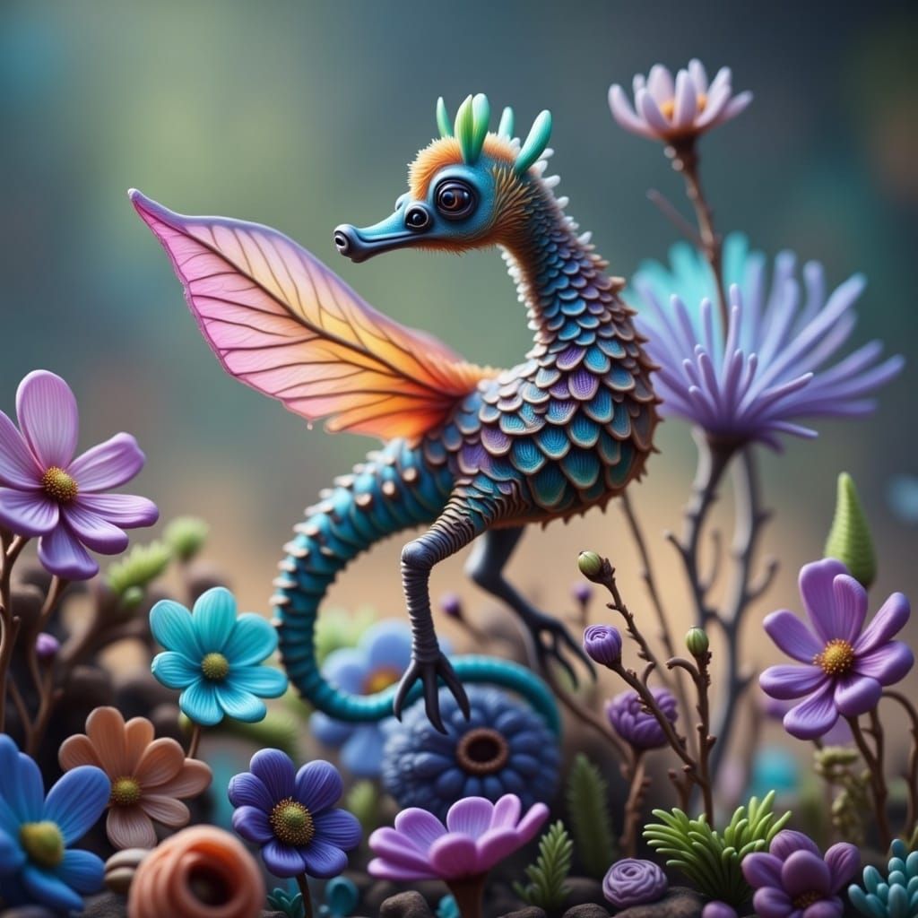 Vibrant Fantasy Seahorse Flutters Among Pastel Petals