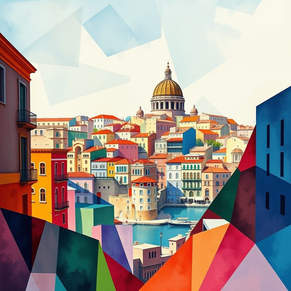 Vibrant Cubist Art Deco Cityscape of Valletta, Malta