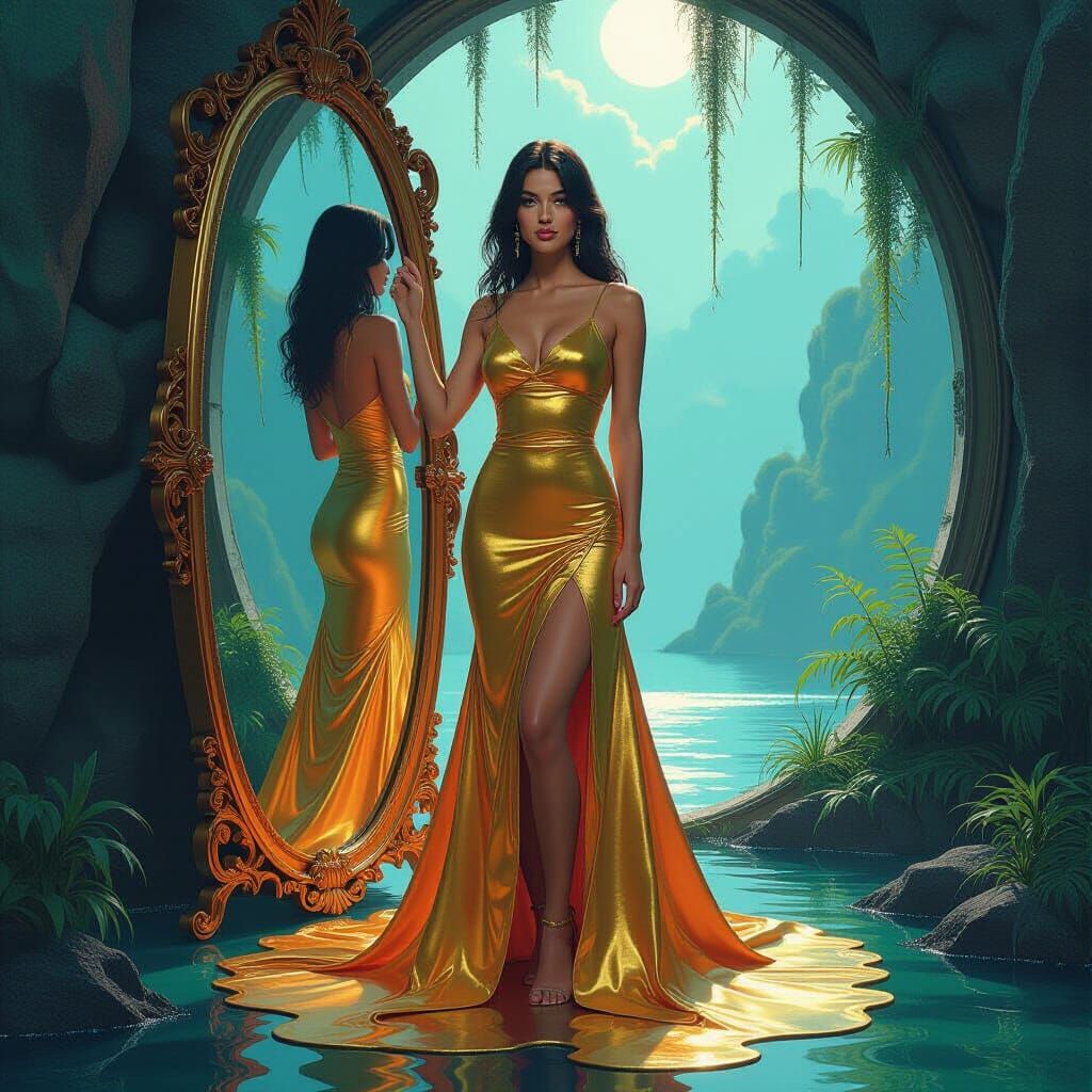 Mystical Golden Woman in Fantasy Realm