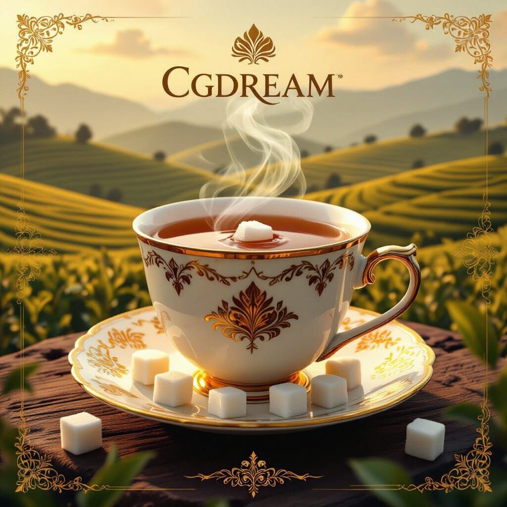 CGdream Logo: Steaming Teacup in Golden Indian Tea Fields