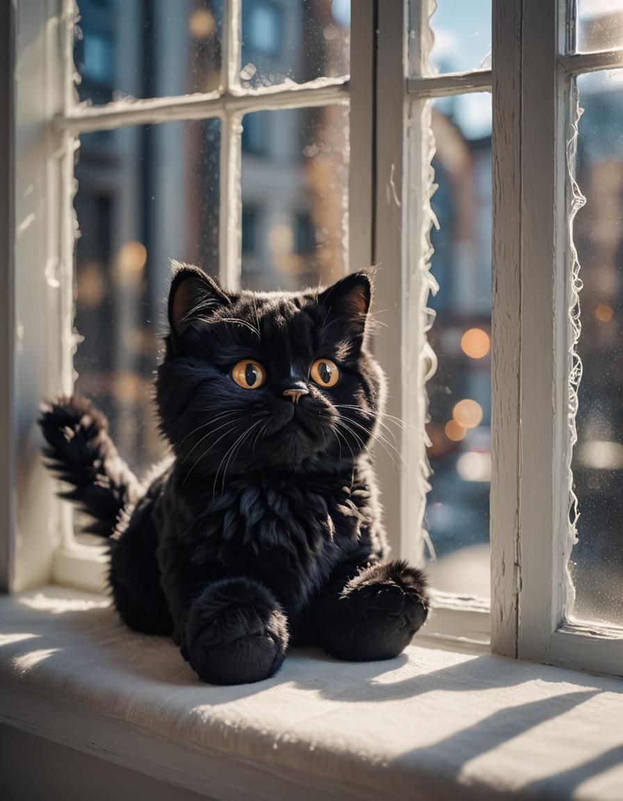 Fluffy Black Cat Plushie on Window Sill