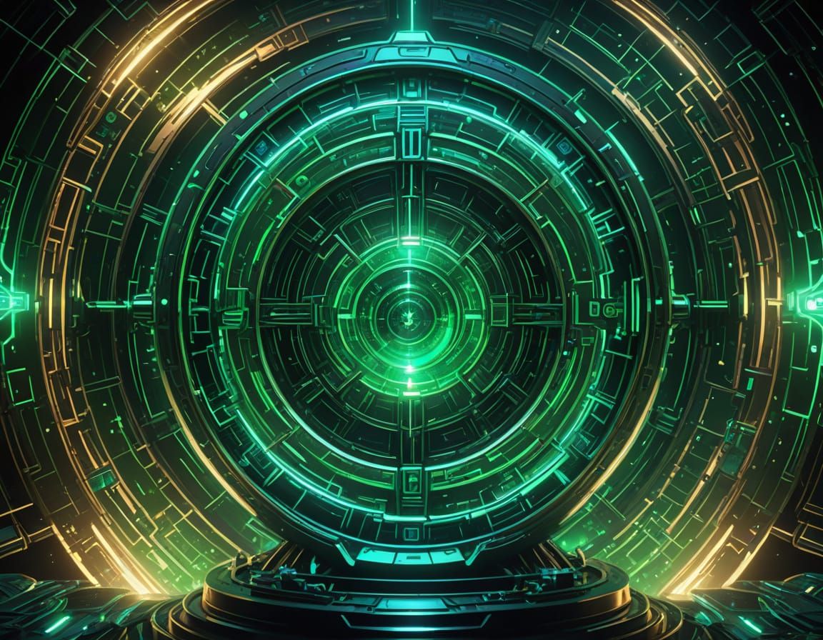 Surreal Technocratic Hourglass in Emerald and Sapphire Hues