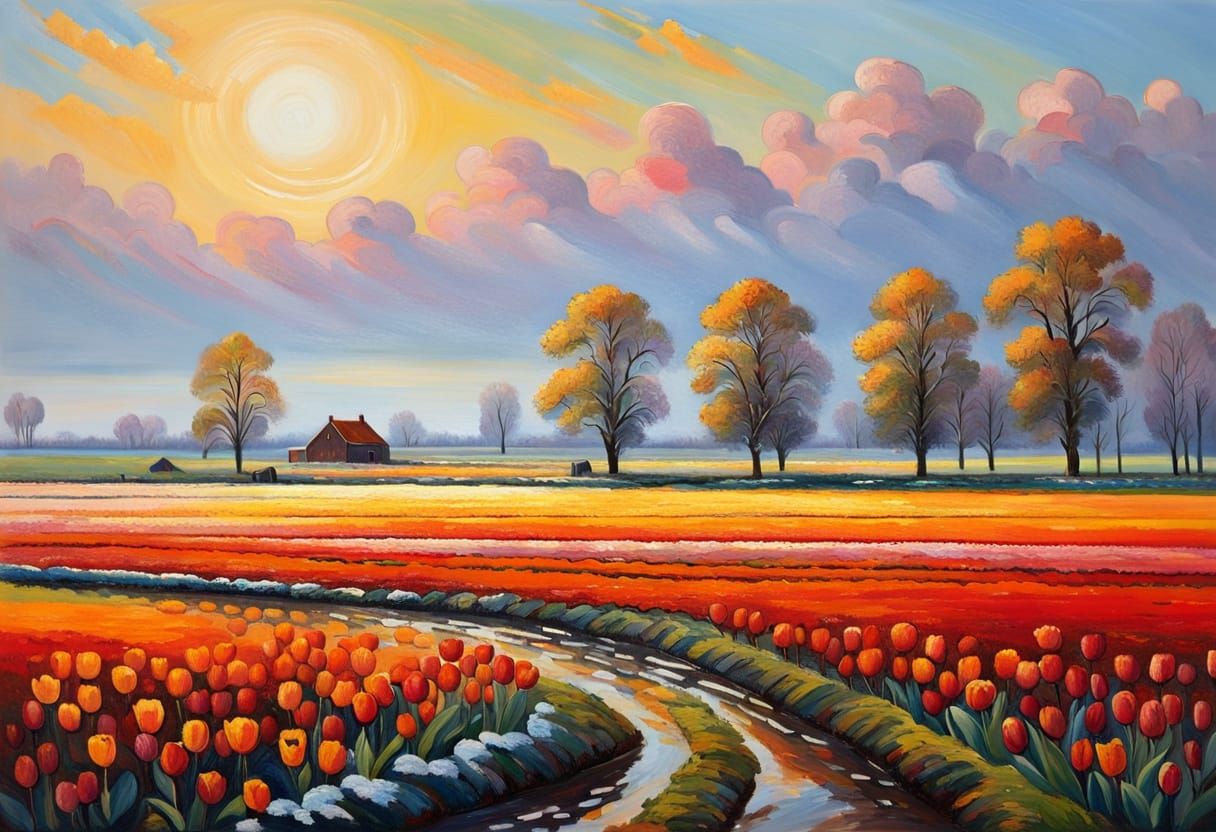 Impressionist Spring Landscape with Vibrant Tulips and Windi...