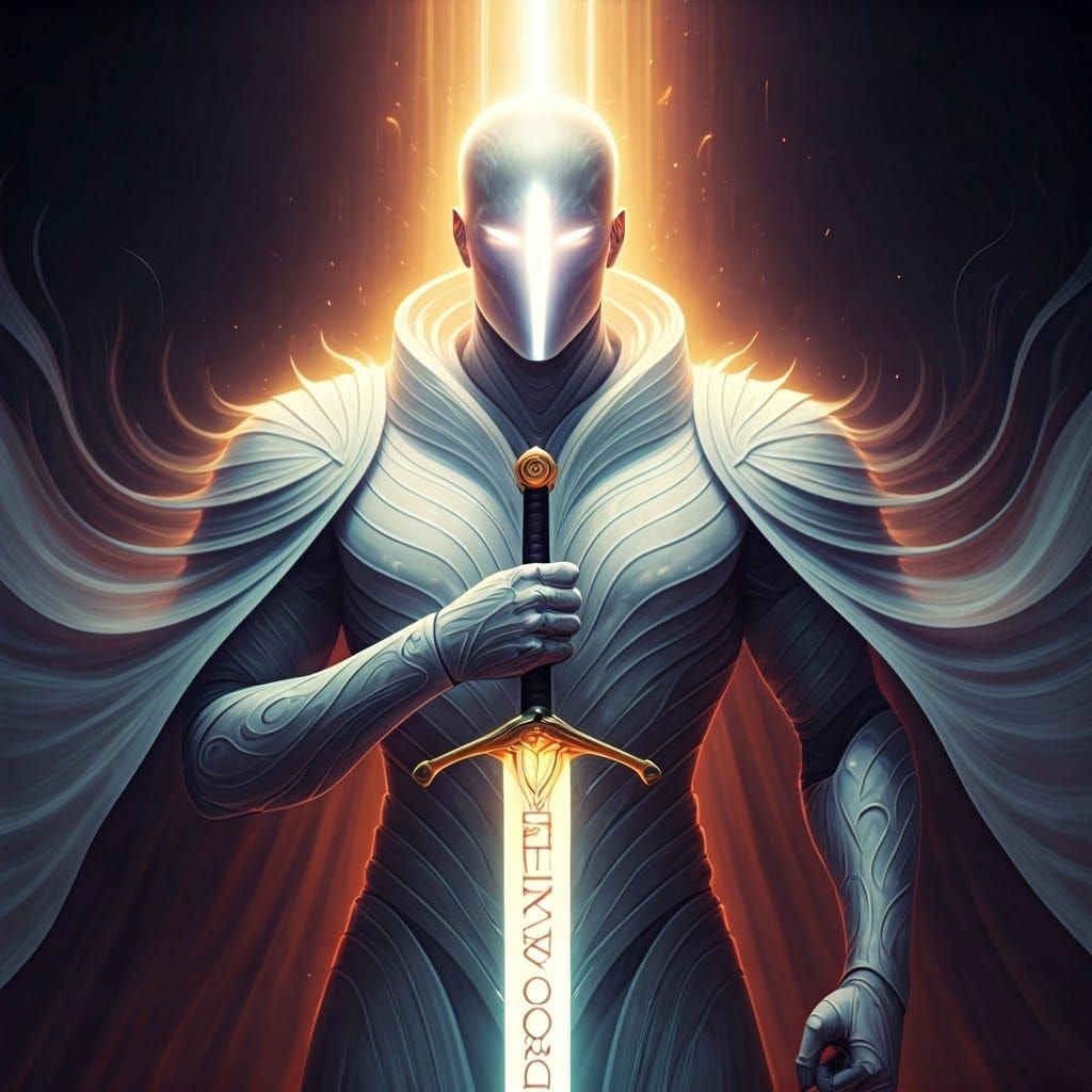 Ethereal Figure Wielding Iridescent Sword in Comic Style