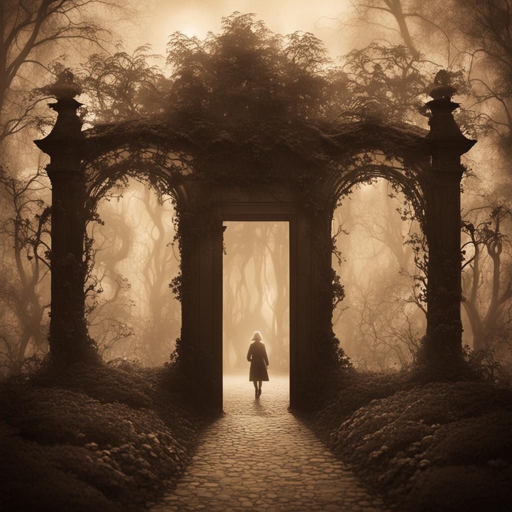 Mystical Garden Entrance in Sepia Tone