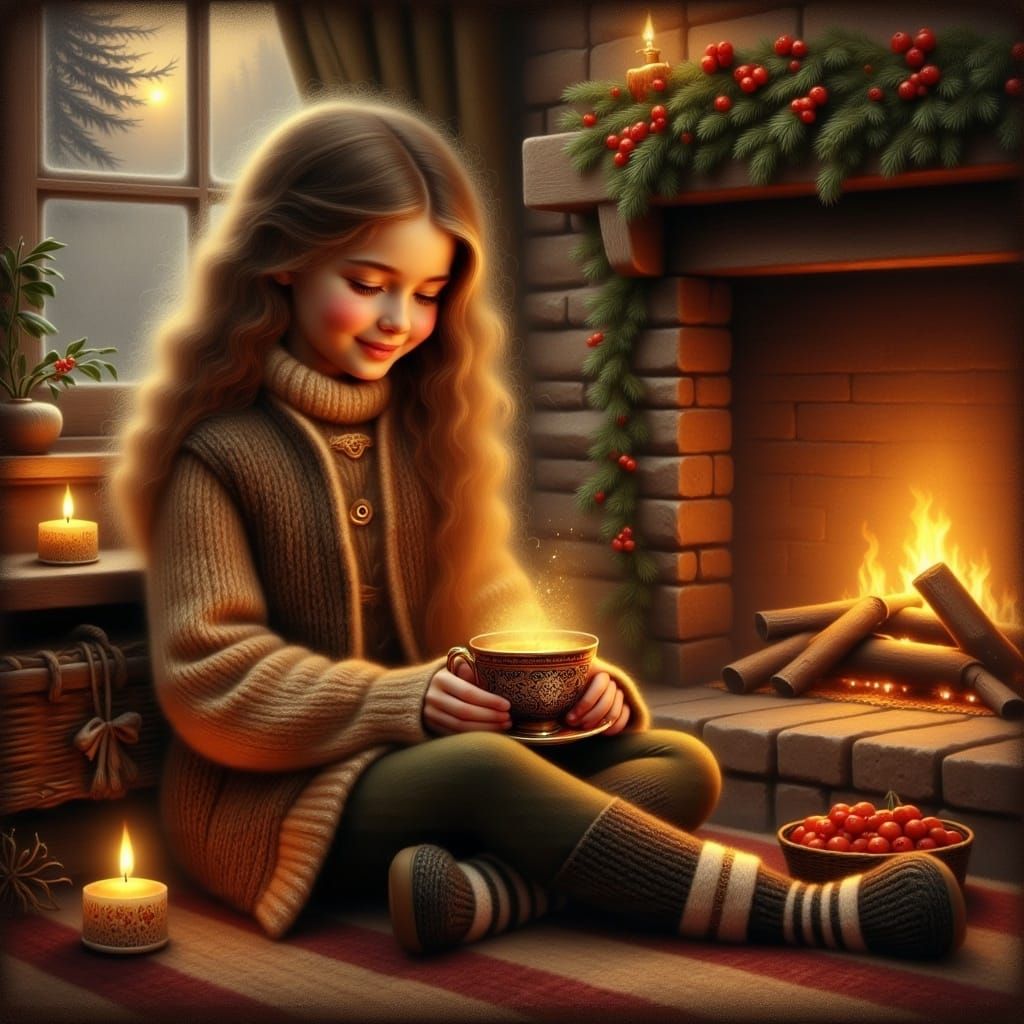A Whimsical Young Girl Sits by a Crackling Fireplace