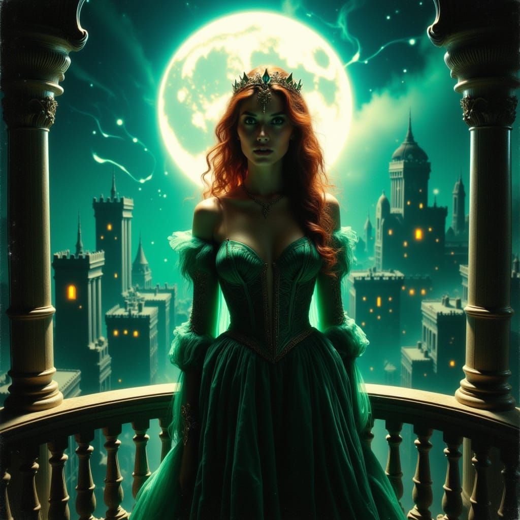Regal Princess on Moonlit Balcony in Dark Fantasy Style
