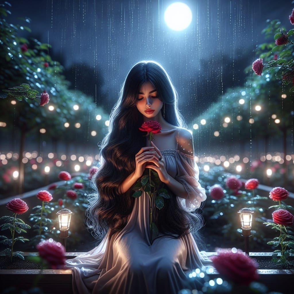 Moonlit Nursery: Middle-Eastern Girl with Red Rose