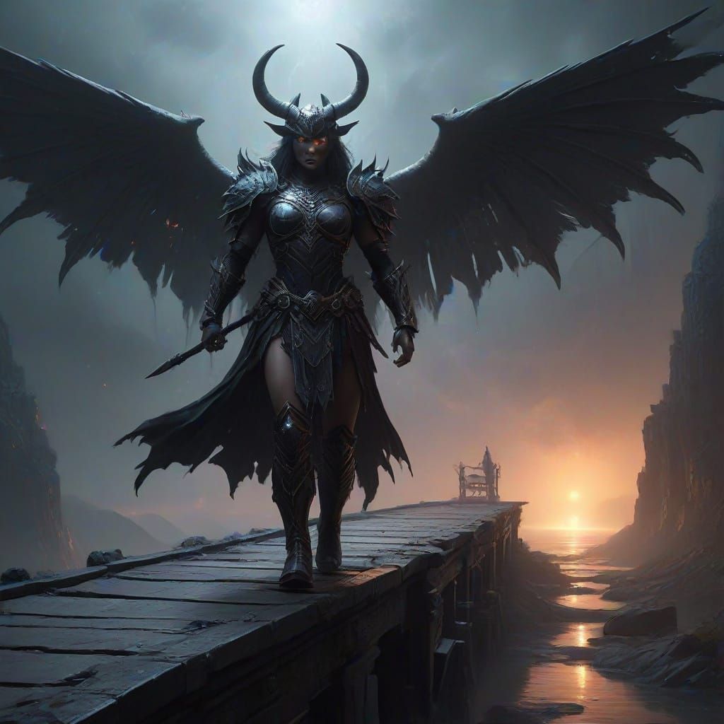 Warrior on Stone Bridge with Winged Demon