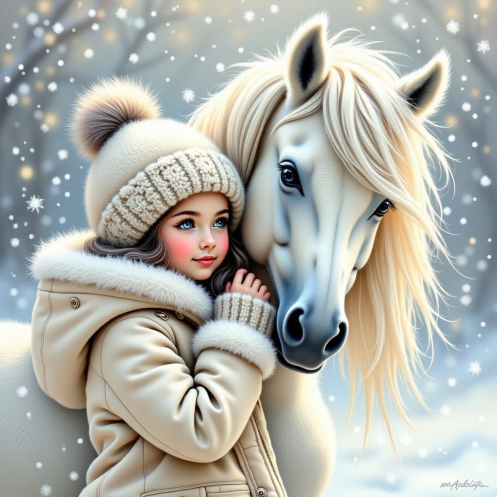 Little Girl Snuggles Close to Gentle Horse in Winter Wonderl...