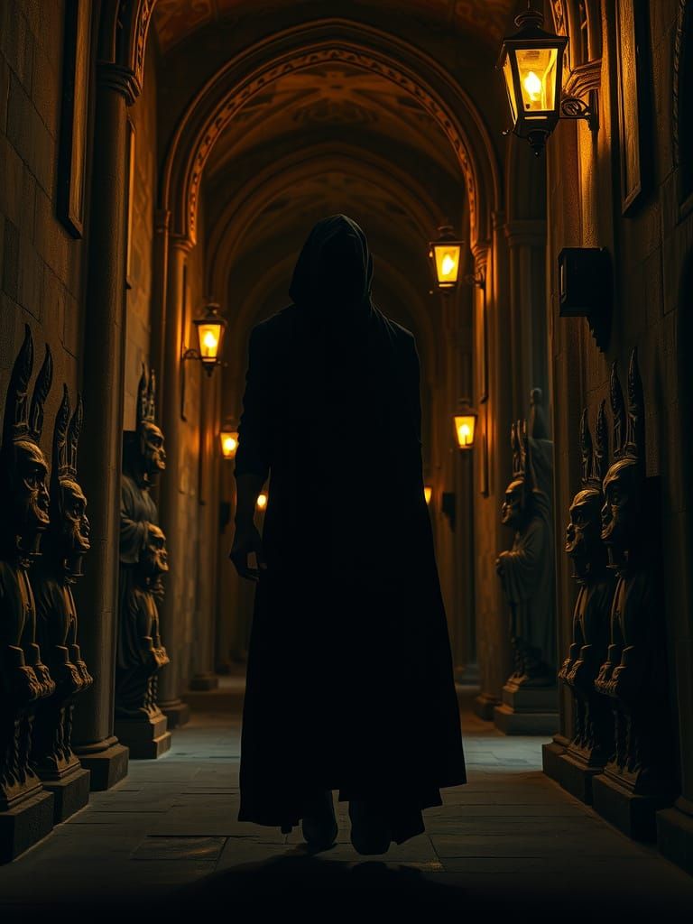 A Cloaked Figure Walks Through a Haunting, Gargoyle-Lined Co...