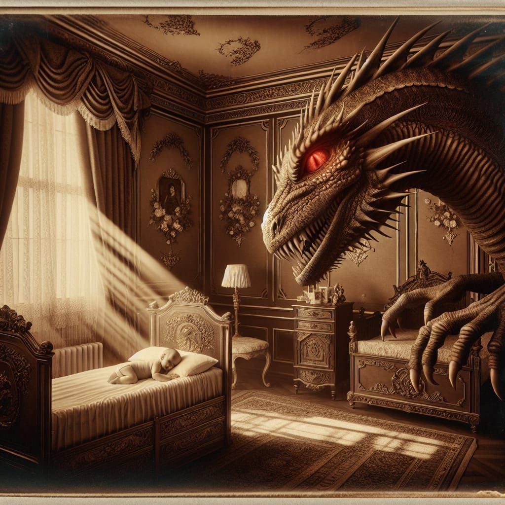 Dragon Walks Quietly Past Sleeping Baby in Sepia Tone