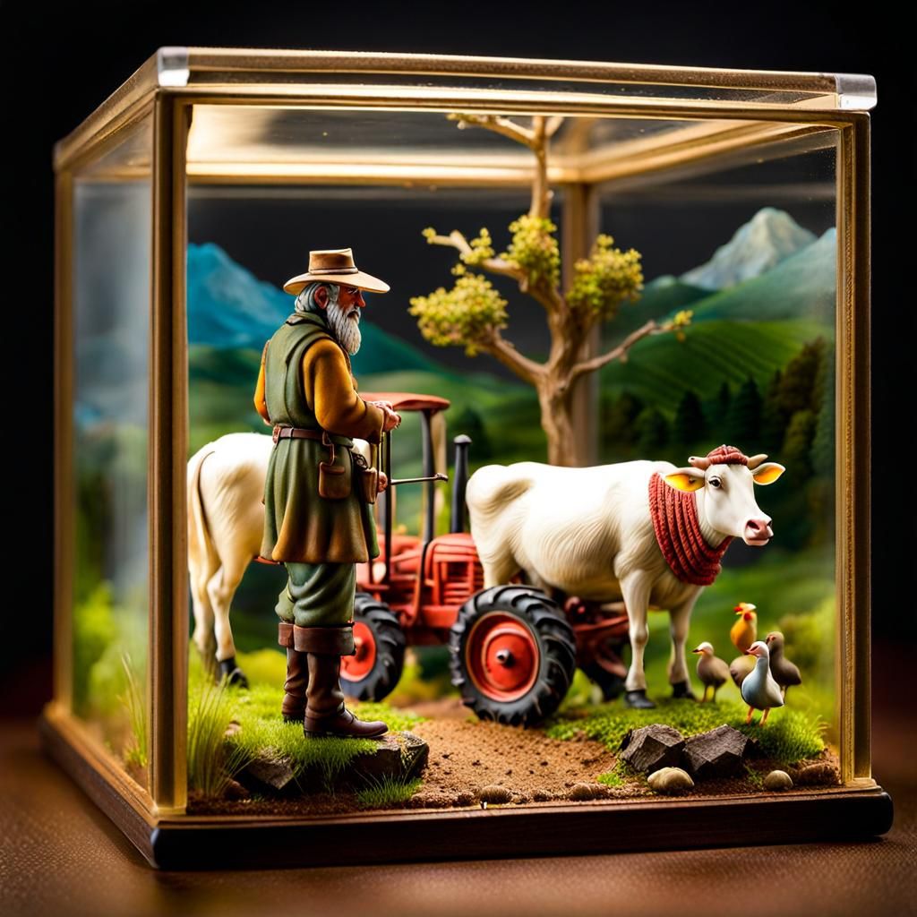 Miniature Farm Scene Inside Glass Cubes