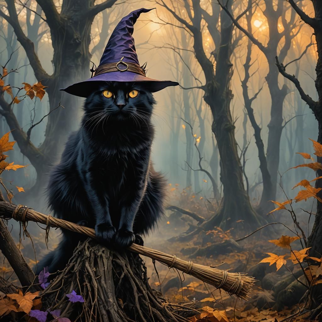 Whimsical Black Cat Witch in Misty Forest