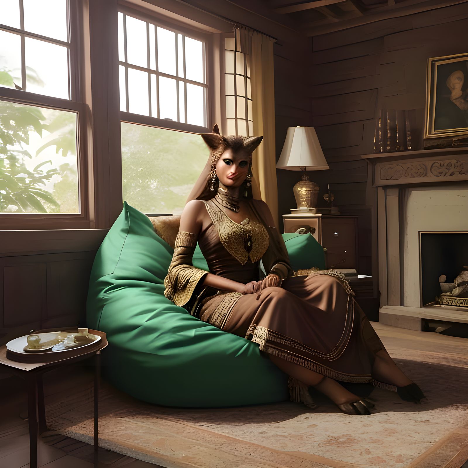 Lamashtu, wearing a brown dress, mythological hybrid, with a...