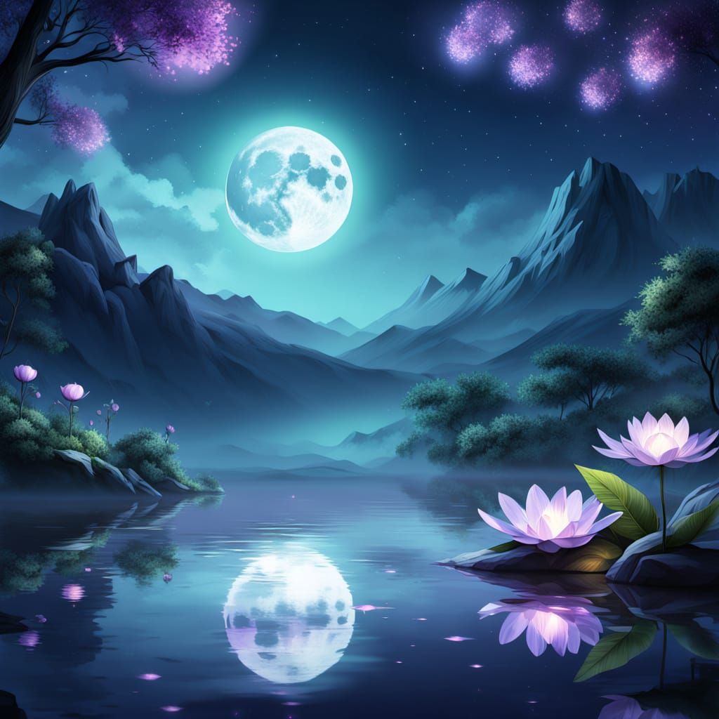 Dreamcore Moonlit Night With Floating Purple Flower