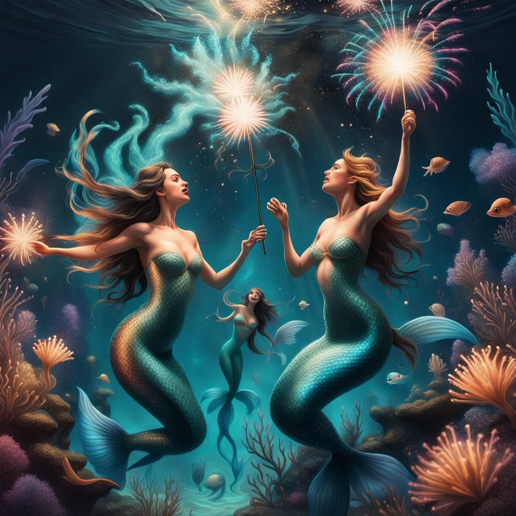 Underwater Celebration with Bioluminescent Mermaids and Fire...