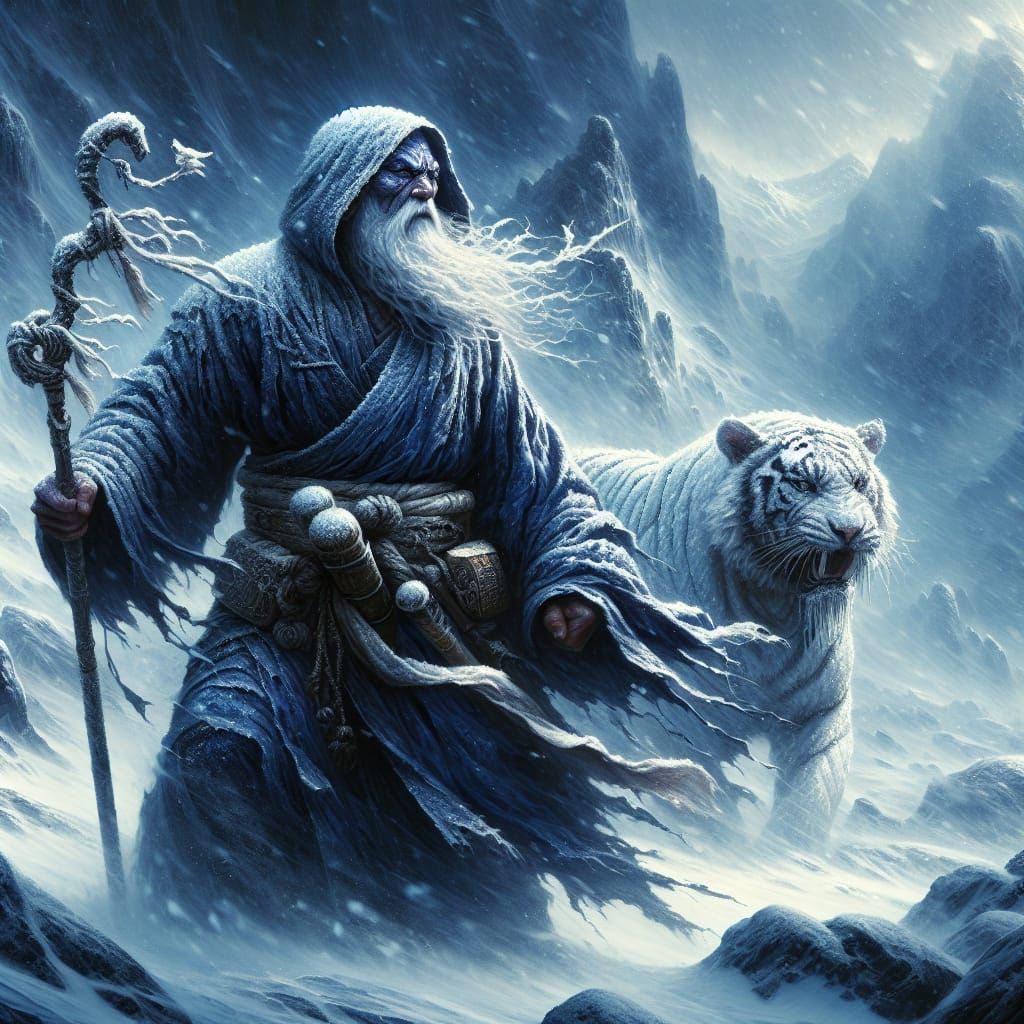 Monk and White Tiger in Ferocious Snowstorm