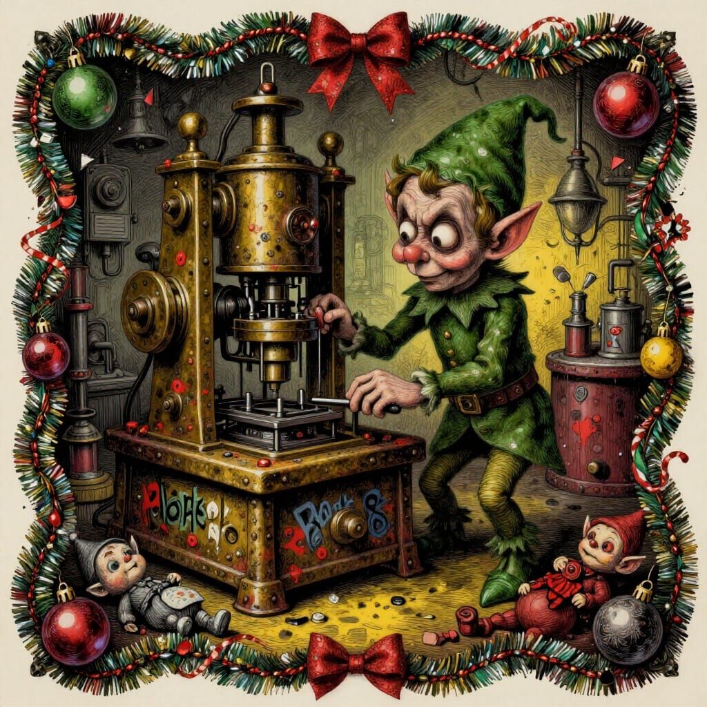 Grotesque Mork Borg Christmas Elf in Infernal Factory