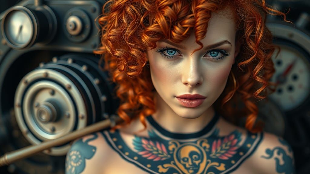 Steampunk Woman with Red Hair and Sci-Fi Tattoos