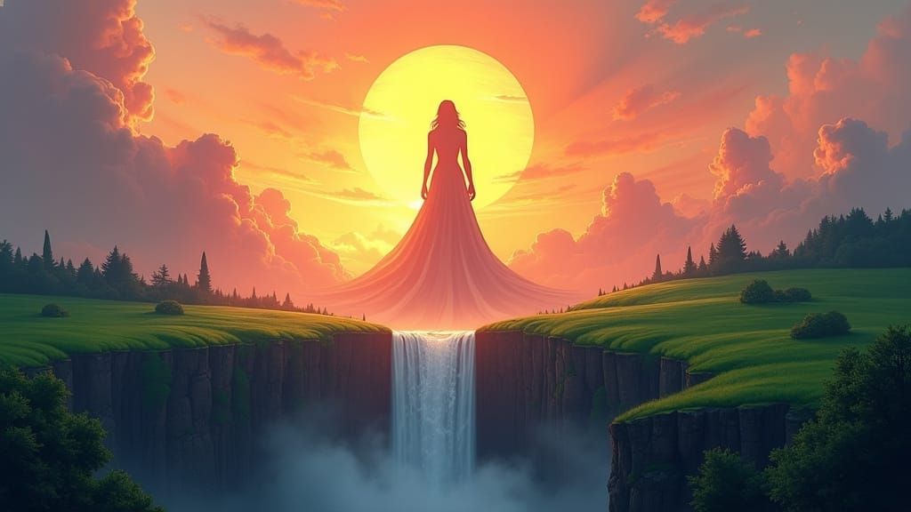 Titanic Deity Over Peaceful Sunset Landscape, Digital Oil Pa...