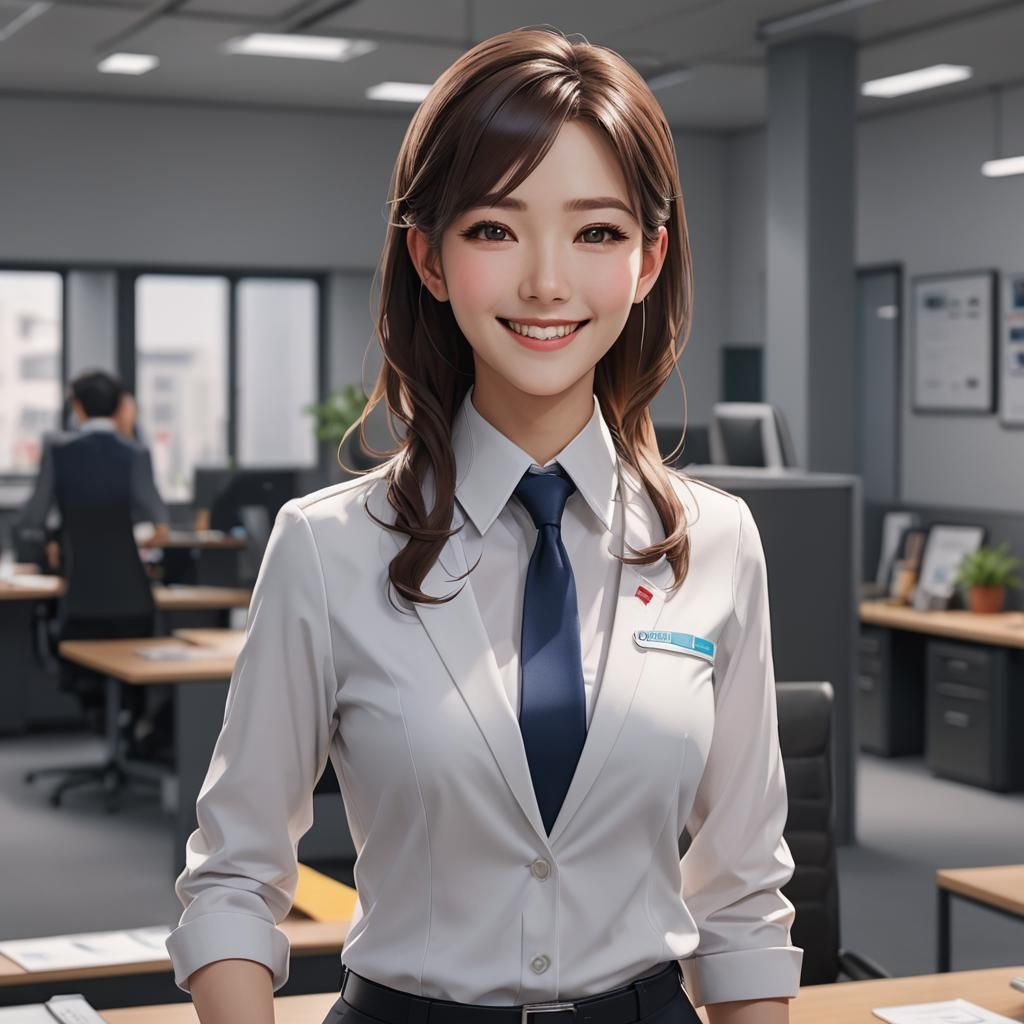 Smiling Woman in Office Uniform: 3D Anime Art