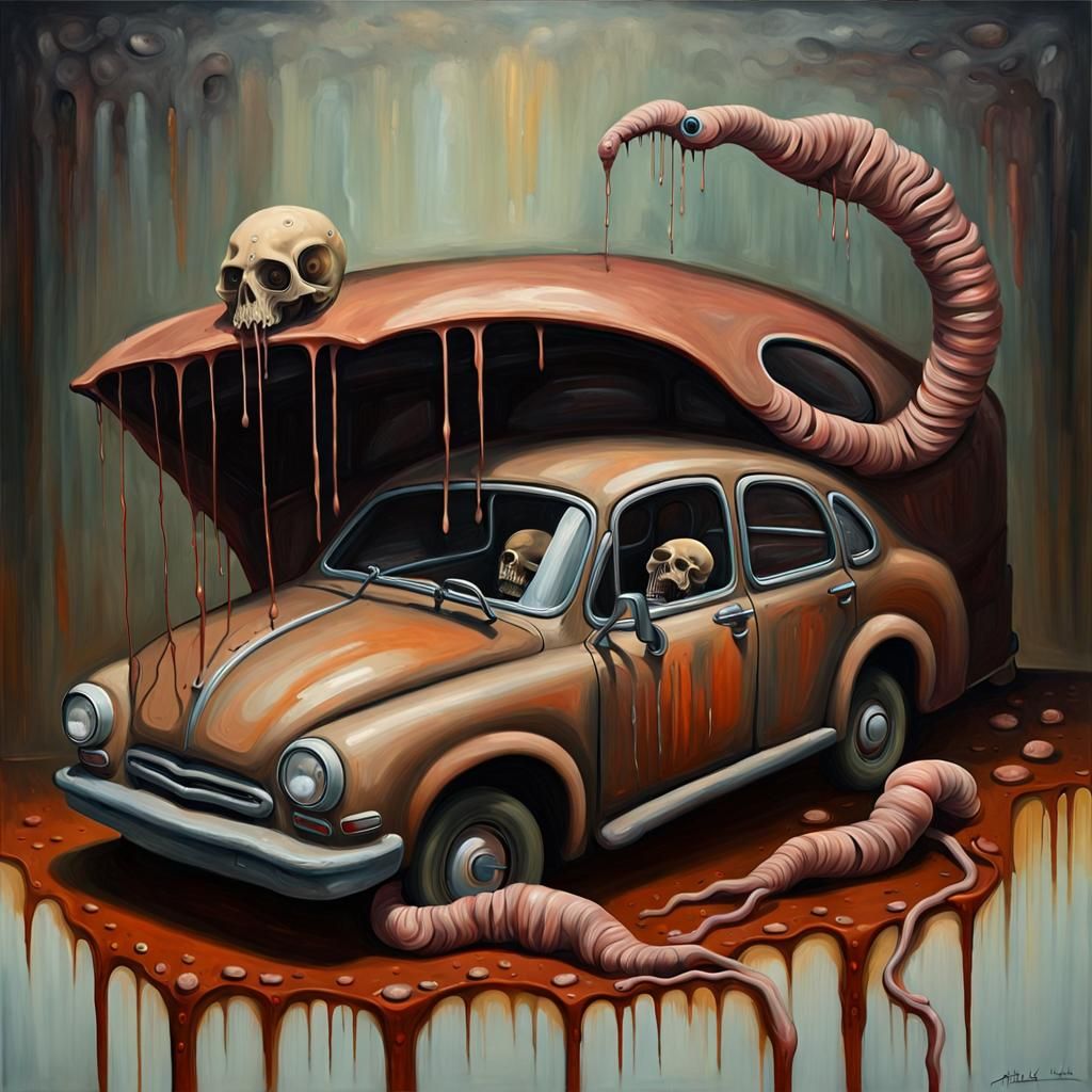 Surreal Car and Worm in Uncanny Valley Style