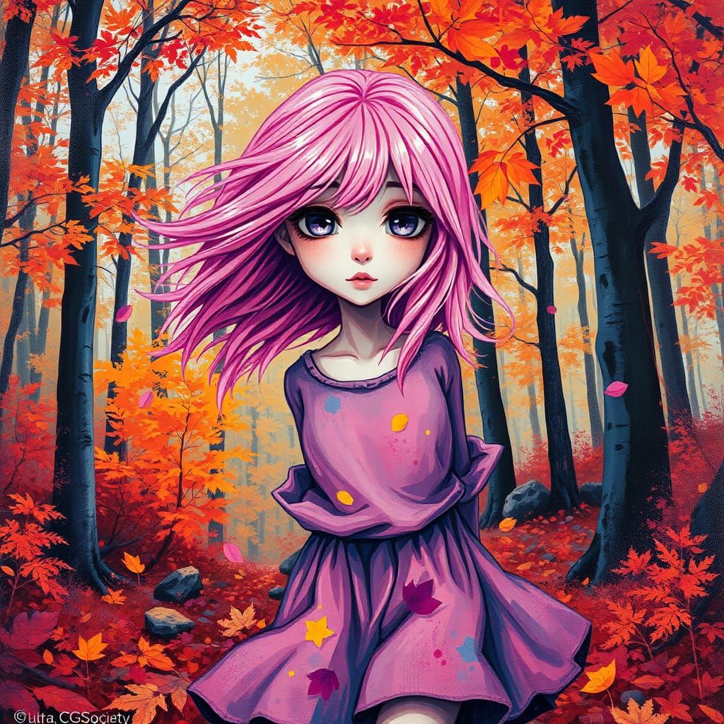Pink Haired Girl Dances in Autumn Forest: Graffiti Art