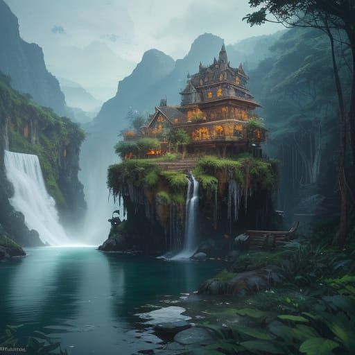 Mystical Emerald Waterfall in Vibrant, Iridescent Foliage