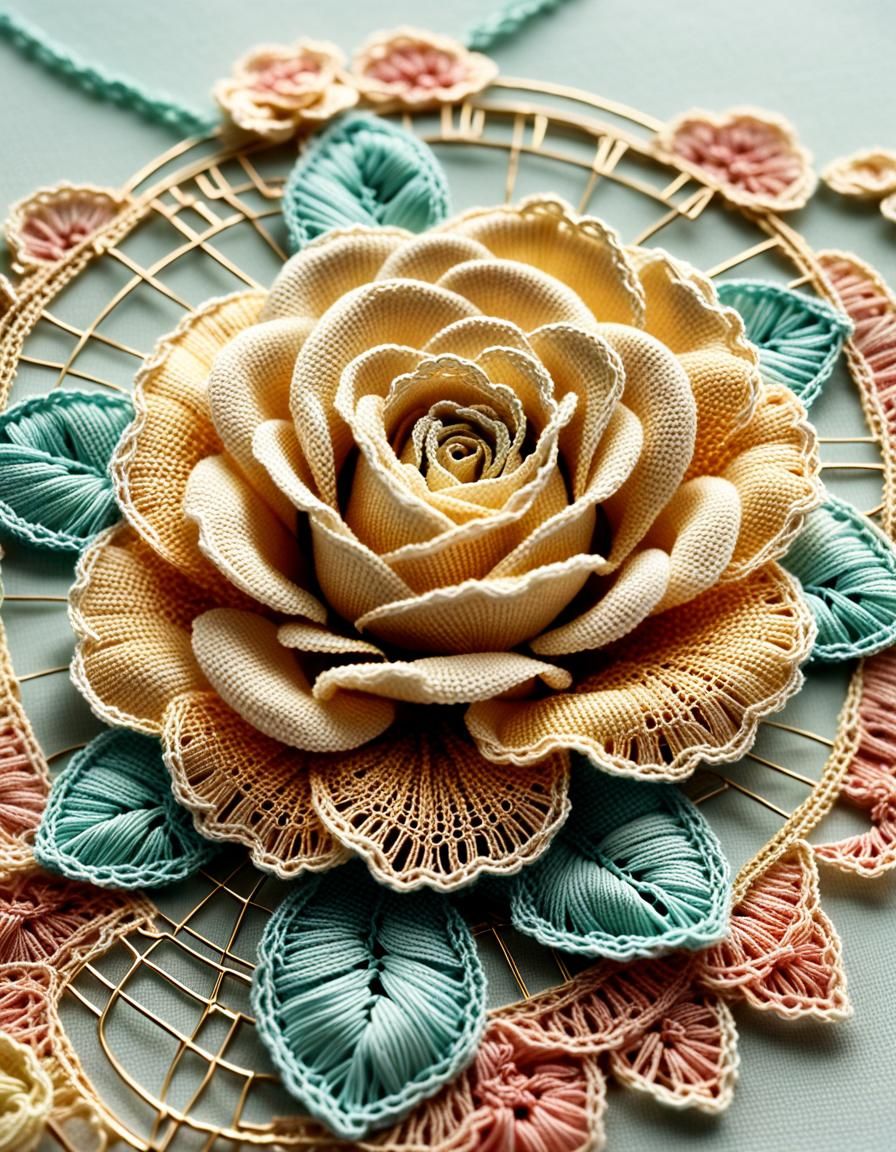 Hand-Crocheted Rose with Art Deco Alphonse Mucha Details